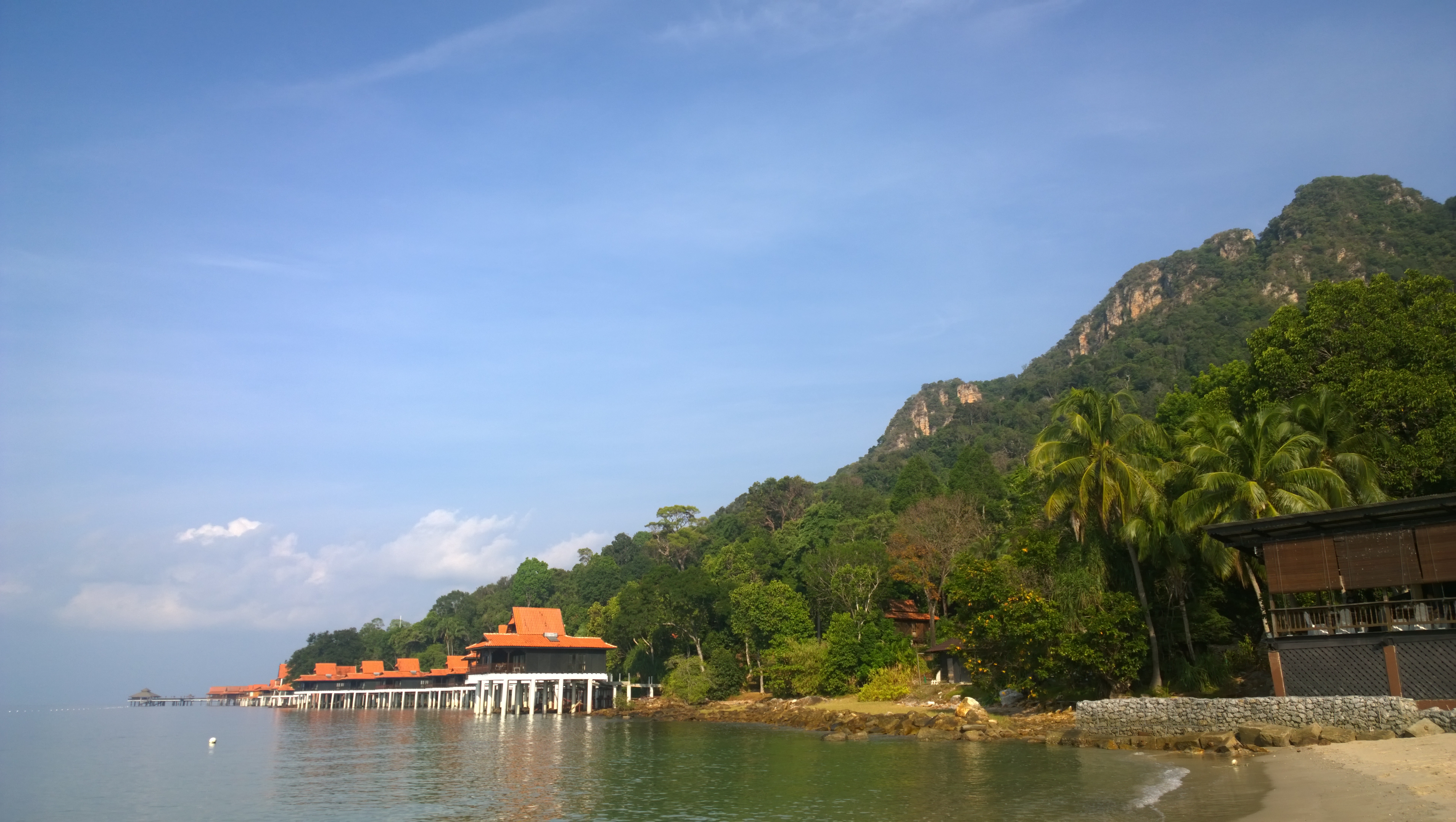 Berjaya Lankawi resort in Langkawi, Malaysia, with rooms over the water and rain forest behind them